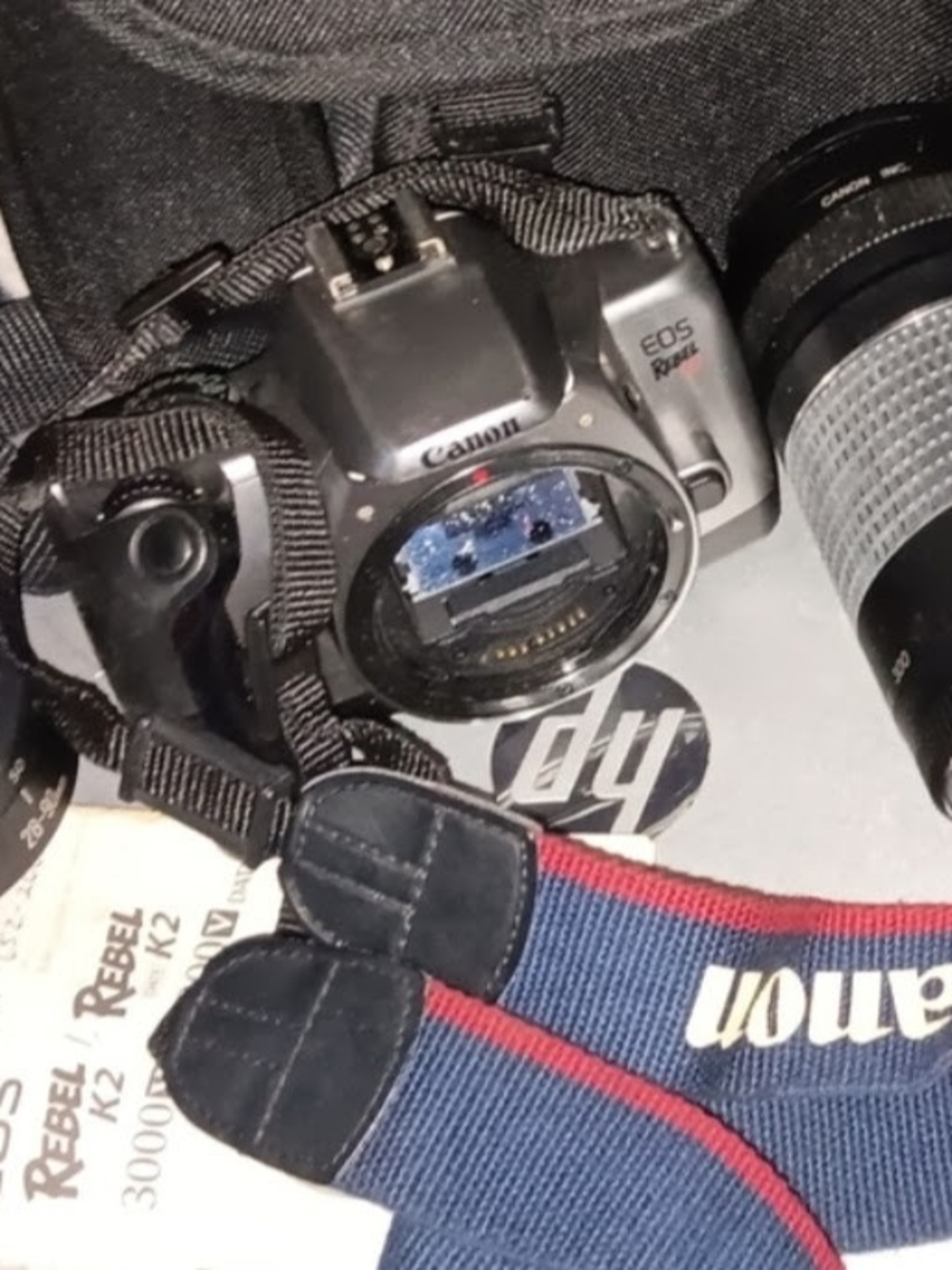 Canon DSLR Camera Body in Gray with Blue and Red Strap